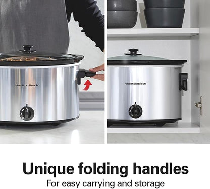 Hamilton Beach 10 Quart Slow Cooker with Folding Handles, Extra-Large Capacity, Serves 12+, Silver with Black Accents, R33190 (Renewed)