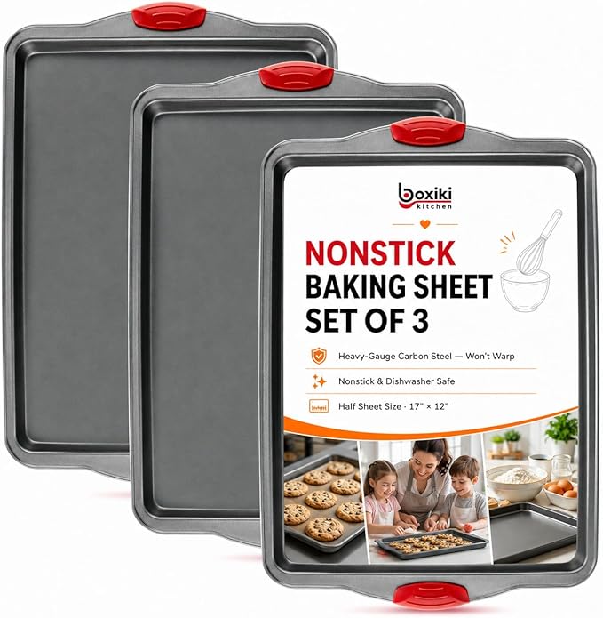 Premium Nonstick Baking Sheet Pans – Set of 3, Heavy-Gauge Carbon Steel, Warp, Dent, and Rust-Resistant – Gourmet Rimmed Half Cookie Sheet Trays, Non-Toxic for Exceptional Baking Performance