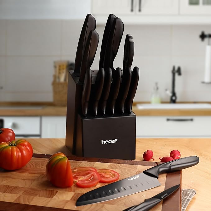 hecef 15PCS Black Knife Block Set with Built-in Sharpener – Non-Stick Coating Blades & Ergonomic Handle for Effortless Cutting & Slicing