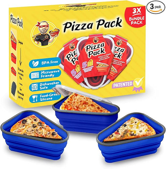 PIZZA PACK The Perfect Reusable Pizza Storage Container with 5 Microwavable Serving Trays - BPA-Free Adjustable Pizza Slice Container to Organize & Save Space, 3 Pack, Blue