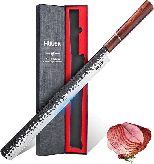 Huusk Japanese Brisket Carving Knife - 11" Slicing Knife for Meat Cutting Made by High Carbon Steel, Hand Forged Ultra Sharp Brisket Slicer with Wood Handle for BBQ Grilling Roast, Gift Idea for Men