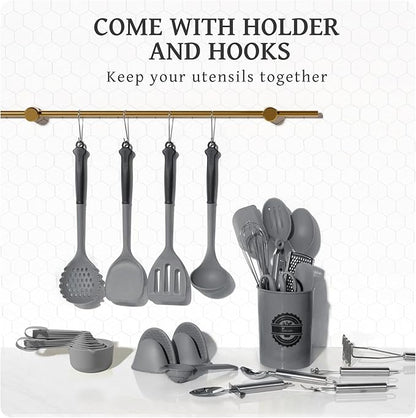 Kikcoin 43Pcs Large Kitchen Utensils Set - Silicone Cooking Utensils Set, Dishwasher Safe Spatula Set for Non-stick Cookware, 446°F Heat Resistant Kitchen Utensils Set with Holder BPA Free, Grey