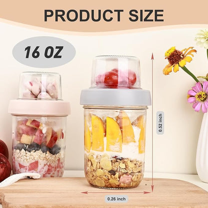 Wells 6 Pack Overnight Oats Containers with Lids, 16 OZ Dual Layer Yogurt Containers with Dry and Wet Separation, Airtight Leak Proof Oatmeal Jar for Chia Pudding, Breakfast, Cereal