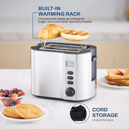 Elite Gourmet ECT2145 Extra Wide Slot 2-Slice Toaster, Bagel Function Reheat, Defrost, & Cancel Functions, 6 Toast Settings, Built-in Warming Rack, Countdown Timer, Stainless Steel