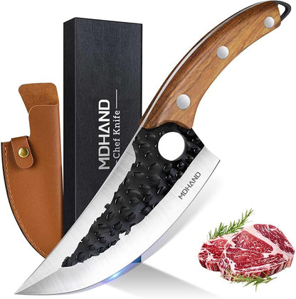 MDHAND Chef Knife - Hand Forged Kitchen Knife, High Carbon Steel Butcher Knife with Ergonomic Wood Handle, Japanese Chef Knives for Camping, Outdoor, BBQ, Gifts for Men
