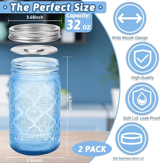 Blue Mason Jars 32 oz with Stainless Steel Leakproof Lids, 2 Pack Wide Mouth Colored Glass Jars for DIY Crafts, Wedding Centerpieces, Home Decor, Flower Vase, Bathroom Storage