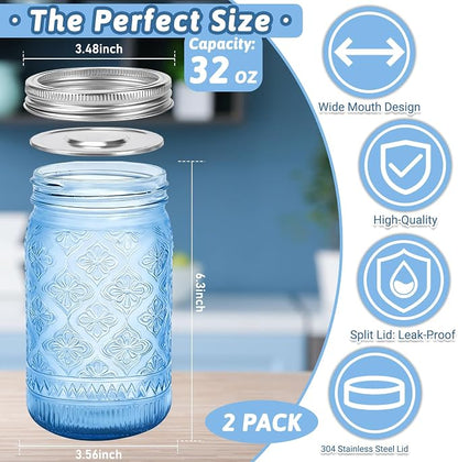 Blue Mason Jars 32 oz with Stainless Steel Leakproof Lids, 2 Pack Wide Mouth Colored Glass Jars for DIY Crafts, Wedding Centerpieces, Home Decor, Flower Vase, Bathroom Storage