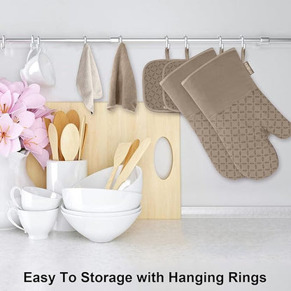 KEGOUU Oven Mitts and Pot Holders 6pcs Set, Kitchen Oven Glove High Heat Resistant 500 Degree Extra Long Oven Mitts and Potholder with Non-Slip Silicone Surface for Cooking (Khaki)