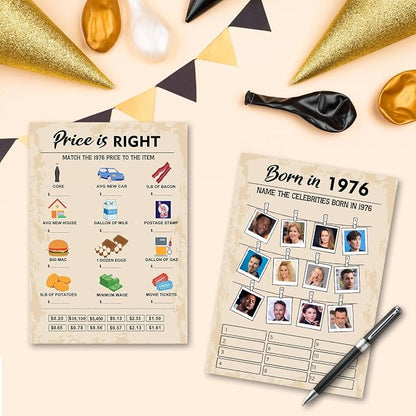 QUPT 50th Birthday Party Games, Set of 2 Activities for 15 Guests, Born in 1976 Games Bundle, Birthday Party Supplies for Adults, Pack of 30 Cards