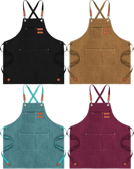 Toulite 4 Pack Canvas Chef Apron for Men with Adjustable Strap Cross Back Cotton Barber Apron with Pocket, 26 x 30''