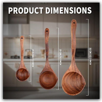 Wooden Ladle Spoon Set, 3 Size Teak Large Soup Ladel Wood Spoons for Cooking Serving Spoon Ladles Wooden Cooking Spoon Long Handle Mixing Spoon Ladle