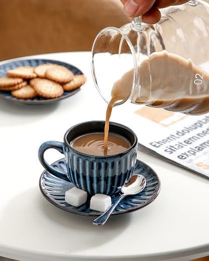 Hasense 4 Oz Espresso Cups with Saucers Set of 4, Ribbed Cappuccino Cups Ceramic for Coffee,Espresso,Double shot,Latte and Macchiato, Demitasse Cups Set Aesthetic Gift, Blue