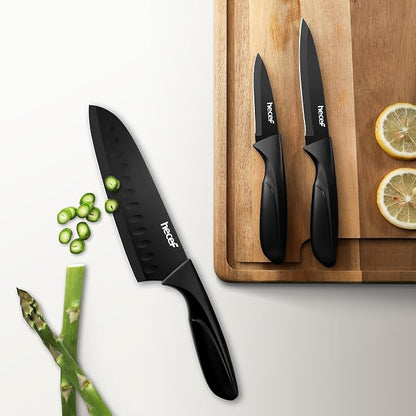 hecef Black Kitchen Knife Set of 3, Sharp Knives with Stainless Steel Blade, Lightweight Handle, Non-stick Coating Set Includes 7", 5", 3.5" Knives