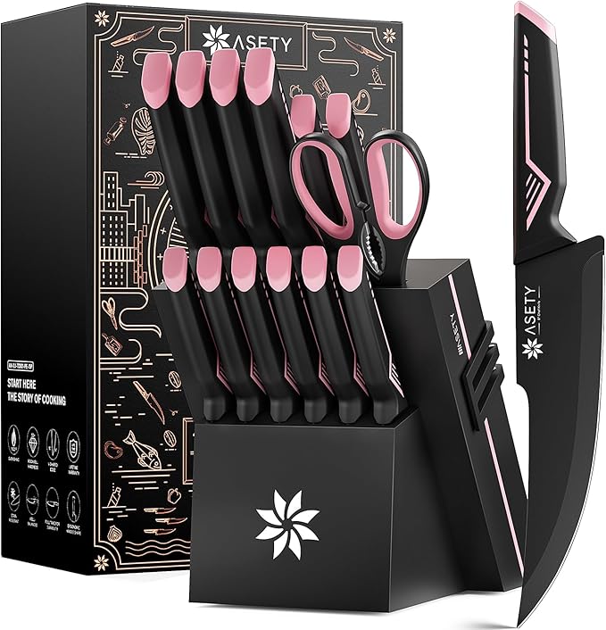 Knife Set - 15 PCS Kitchen Knife Set with Built-in Knife Sharpener Block - Stainless Steel Knife Block Set - Dishwasher Safe, Elegant Box for Her Women Wife, Fathers day, Pink