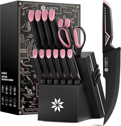 Knife Set - 15 PCS Kitchen Knife Set with Built-in Knife Sharpener Block - Stainless Steel Knife Block Set - Dishwasher Safe, Elegant Box for Her Women Wife, Fathers day, Pink