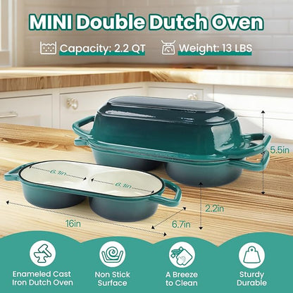 YONILL Mini Double Dutch Oven for Sourdough Bread Baking - Enameled Cast Iron Dutch Oven Pot with Lid and 5" Banneton Bread Proofing Basket Kit, Dual Round Bread Loaf Pan for Homemade Baking