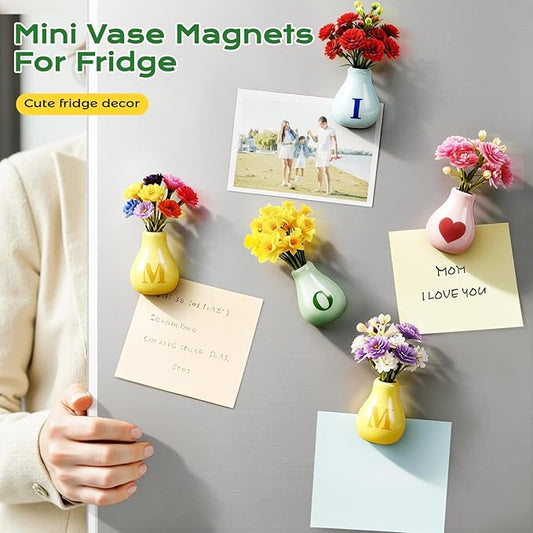 Renmxj 5 Pcs Mini Fridge Magnets, Cute Mini Ceramic Vase with Artificial Flowers, Tiny Pots Plant Vase for Kitchen Refrigerator Office Locker Decor, for Mom