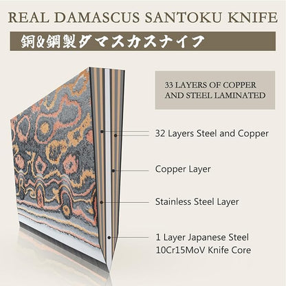 SHAN ZU Damascus Santoku Knife 7 inch, Japanese Kitchen Knives Copper & Damascus Steel High Carbon 33 Layer Hand Forged Ultra Sharp Utility Chef Knife Professional Carving Knife with Maple Wood Handle
