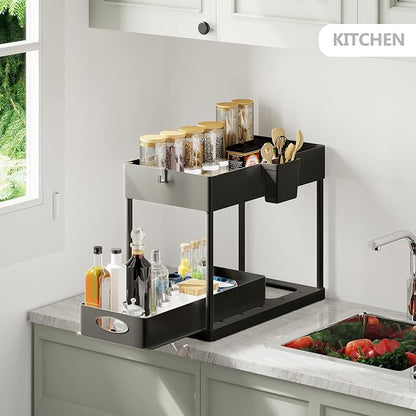 Under Sink Organizers and Storage, Bathroom Cabinet Organizer, Sink Shelf with Utility Hooks and Side Caddy for Under Cabinet Storage | Under Kitchen Sink Organizer with Sliding Drawer, Black (2-Pack)