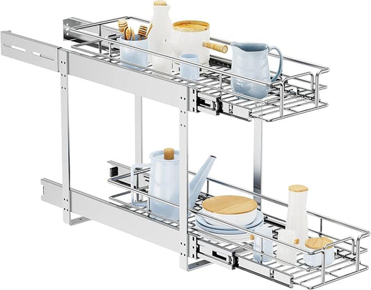 LOVMOR Individual Pull Out Cabinet Organizer, 2 Tier Slide Out Cabinet Drawers, Pots and Pans Organizer and Storage Pantry Shelf for Kitchen (9" W x 21½" D)