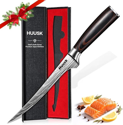 Huusk Filet Knife for Fish - 7 Inch Fish Fillet Knife with Wood Handle, Flexible Boning Knives for Meat Cutting, Professional Japanese Fishing Knives for Meat Poultry Cutting, Christmas Gifts for Men