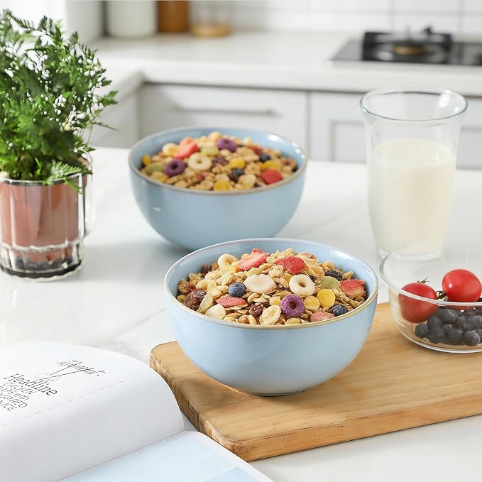Cereal Bowls, 24 oz Ceramic Bowls Set of 4, Stoneware Bowl Set for Salad, Kitchen, Soup, Dessert, Ramen, Dishwasher and Microwave Safe, Skyblue