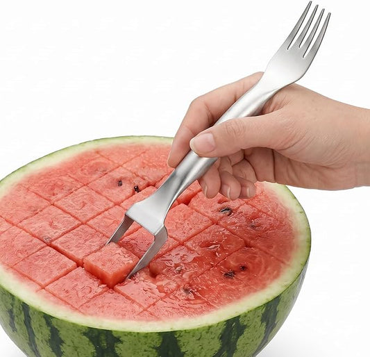 CripsTaste Watermelon Fork Cutter Slicer Tool, 2-in-1 Stainless Steel Fruit Cutter Melon Slicer Cutter Tool, Watermelon Cutting Tool for Home Party Camping Kitchen Gadget