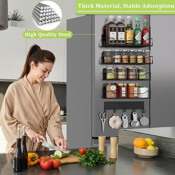 Magnetic Spice Rack for Refrigerator, 5 Pack Metal Strong Magnet Spice Organizer Shelves with Hook Rack, Space Saving Magnetic Fridge Shelf for Home Kitchen Organization and Storage (Black)
