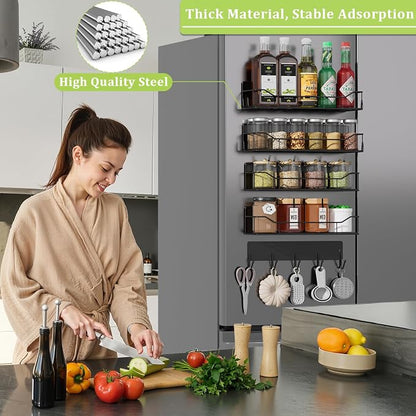 Magnetic Spice Rack for Refrigerator, 5 Pack Metal Strong Magnet Spice Organizer Shelves with Hook Rack, Space Saving Magnetic Fridge Shelf for Home Kitchen Organization and Storage (Black)