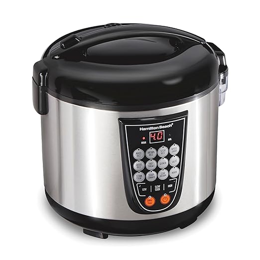Hamilton Beach Digital Programmable Rice and Slow Cooker & Food Steamer, 20 Cups Cooked (10 Cups Uncooked), 14 Pre-Programmed Settings for Sear Sauté, Hot Cereal, Soup, Nonstick Pot, Stainless Steel (37571MN)