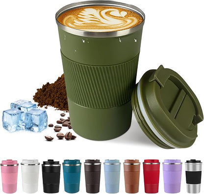 SPLMIFA Vacuum-Insulated Stainless Steel Travel Coffee Mug, Leak-Proof Reusable Coffee Cup with Lid - Keep Hot & Cold Drinks for Hours, Durable Insulated Tumbler for Men & Women(3rd-Green, 12OZ)