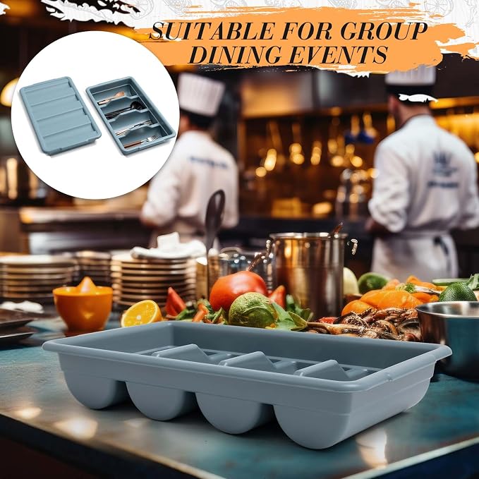 Maxdot 2 Pcs 20.5 x 11.9 x 3.7 Inch Silverware Organizer with Lid, Commercial 4-compartment Restaurant Kitchen Cutlery Tray, Plastic Silverware Storage Container, Condiments Holder (Grayish Blue)