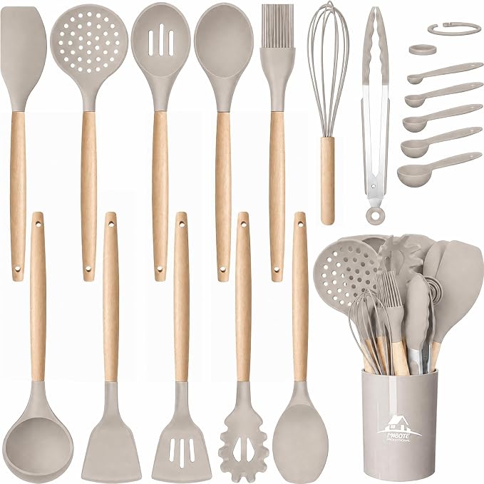 MIBOTE Silicone Cooking Kitchen Utensils Set with Holder, Wooden Handles BPA Free Non Toxic Silicone Turner Tongs Spatula Spoon Kitchen Gadgets Utensil Set for Nonstick Cookware (Khaki)