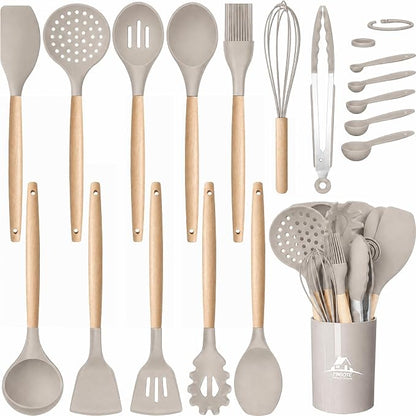 MIBOTE Silicone Cooking Kitchen Utensils Set with Holder, Wooden Handles BPA Free Non Toxic Silicone Turner Tongs Spatula Spoon Kitchen Gadgets Utensil Set for Nonstick Cookware (Khaki)