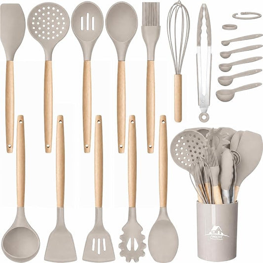 MIBOTE Silicone Cooking Kitchen Utensils Set with Holder, Wooden Handles BPA Free Non Toxic Silicone Turner Tongs Spatula Spoon Kitchen Gadgets Utensil Set for Nonstick Cookware (Khaki)
