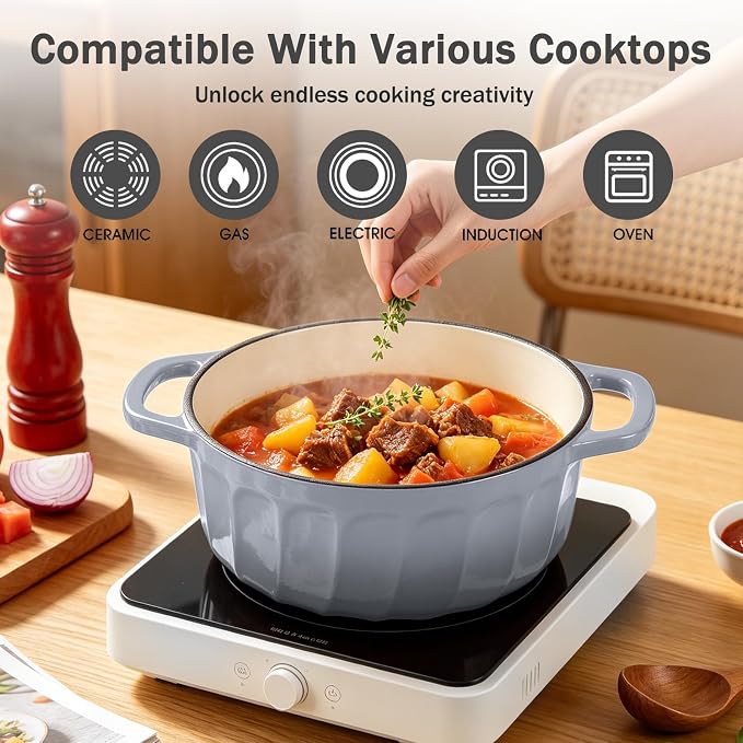 Enameled Cast Iron Dutch Oven Pot with Lid, 3 QT Dutch Oven for Bread Baking, Heavy Duty Cast Iron Pot for Braising, Cook, Bake, Oven Safe across All Cooktops (Gray,3 QT)
