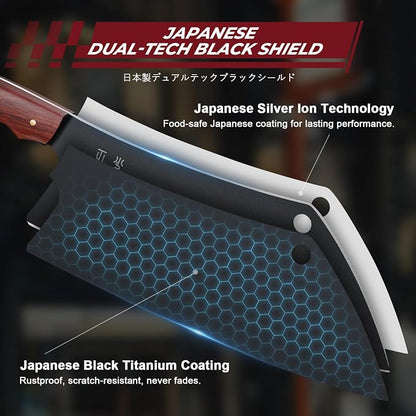DRGSKL Meat Cleaver Knife 8inch - Black Butcher Knife for Meat Cutting, Japanese High Carbon Steel Vegetable Cleaver for Chopping, Kitchen Cooking Knife with Wooden Handle, Gift for Men