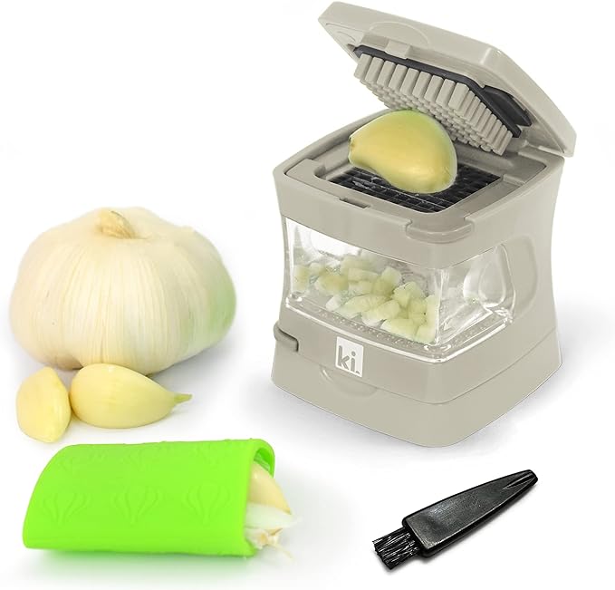 Garlic-A-Peel Garlic Press, Crusher, Cutter, Mincer, and Storage Container - Includes Silicone Garlic Peeler - Easy to Clean - Stainless Steel Blades – (Cream), standard