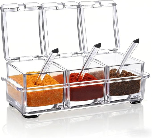 V·RESOURCING Clear Seasoning Box, 3 Pieces Seasoning Rack Spice Pots Storage Container for Spice Salt Sugar Cruet Liquid,Condiment Jars with 3 Spoons