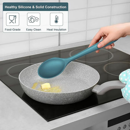 E-far Silicone Cooking Spoon Set of 2, Heat Resistant Kitchen Spoons Utensils Nonstick Mixing Spoon for Baking Stirring Serving, Non-Toxic & Dishwasher Safe (Blue)