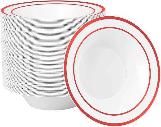 Goodluck 100 Pack Plastic Bowls with Red Rim, 12oz Disposable Soup Bowls, Heavy Duty Dessert Bowls for Weddings, Parties, Valentine's Day Dinners, Catering, Thanksgiving and Everyday Use