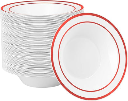 Goodluck 100 Pack Plastic Bowls with Red Rim, 12oz Disposable Soup Bowls, Heavy Duty Dessert Bowls for Weddings, Parties, Valentine's Day Dinners, Catering, Thanksgiving and Everyday Use