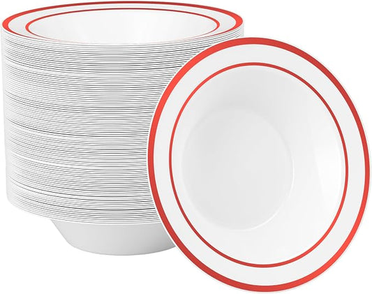 Goodluck 100 Pack Plastic Bowls with Red Rim, 12oz Disposable Soup Bowls, Heavy Duty Dessert Bowls for Weddings, Parties, Valentine's Day Dinners, Catering, Thanksgiving and Everyday Use