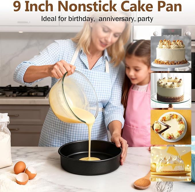 P&P CHEF 9 Inch Cake Pan Set of 3, 3 Pieces Nonstick Round Cake Baking Pans, Stainless Steel Smash Layer Cake Tin Bakeware for Cooking Steaming, Healthy & Sturdy, Oven & Dishwasher Safe