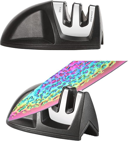 Rainbow Titanium Knife Set, Sharp Stainless Steel Knives Set with Acrylic Block,Sharpener, 6 Steak Knives, Cutlery Knife Block Set, Chef Quality for Home & Pro Use, Best Gift, Black Handle