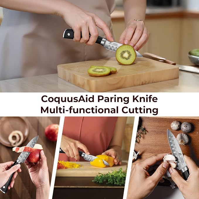 CoquusAid Paring Knife 3.75 Inch Fruit Knives, Small Kitchen Knife, Ultra Sharp German Stainless Steel Vegetable Knives, Damascus Pattern, Full Tang Handle Design, Elegant Black Ideal for Gift