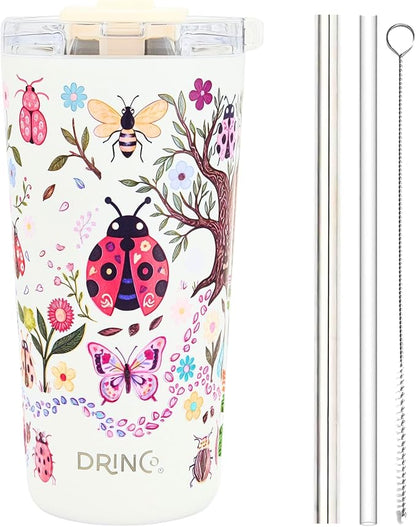 Drinco - 20 oz Stainless Steel Tumbler | Double Walled Vacuum Insulated Mug With Lid, 2 Straws, For Hot & Cold Drinks (20oz Bugs World)