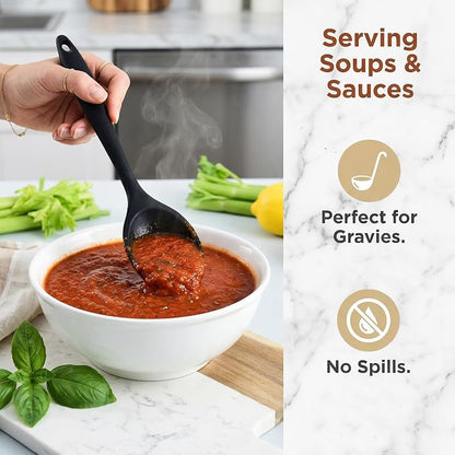 Silicone Kitchen Spoons Set - 2 Pack Heat-Resistant Utensils (Slotted & Solid Spoon) for Cooking, Baking - Non Stick, Dishwasher Safe (Black)