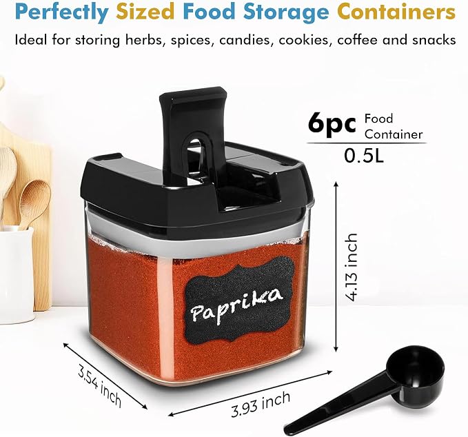 Shazo 6 PC Airtight Food Storage Containers + 6 Spoons Included - BPA Free Plastic Snack & Spice Containers with Easy Lock Lids - Kitchen and Pantry Organization for Herbs Coffee Tea - 0.5L / 2.1 Cup