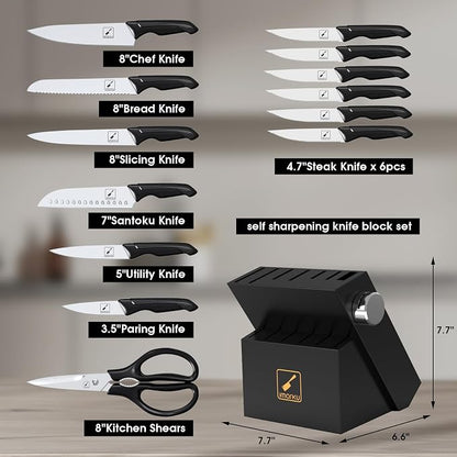 imarku 14-Piece Premium Knife Block Set, Black Kitchen Knife Set with Block and Build-in Sharpener, High-Carbon Stainless Steel Knives for Lasting Sharpness, Dishwasher Safe, Gift for Men